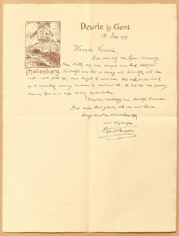 Foto 8 van Molentje van Cyriel Buysse, Deurle (Sint-Martens-Latem), Nick Tomberge (18 augustus 2023)Het is een foto van een brief van Cyriel Buysse aan de schrijfster C.M. Vissering (18 juni 1929). De brief bevindt zich in het Familiearchief Vissering dat bewaard wordt in het Nationaal Archief in Den Haag. deze voegt toe: Deze foto toont het briefpapier dat Cyriel Buysse gebruikte. Daarop zien we de desbetreffende molen afgedrukt. | Database Belgische molens Molentje van Cyriel Buysse, Deurle (Sint-Martens-Latem), Nick Tomberge (18 augustus 2023)Het is een foto van een brief van Cyriel Buysse aan de schrijfster C.M. Vissering (18 juni 1929). De brief bevindt zich in het Familiearchief Vissering dat bewaard wordt in het Nationaal Archief in Den Haag. deze voegt toe: Deze foto toont het briefpapier dat Cyriel Buysse gebruikte. Daarop zien we de desbetreffende molen afgedrukt. | Database Belgische molens
